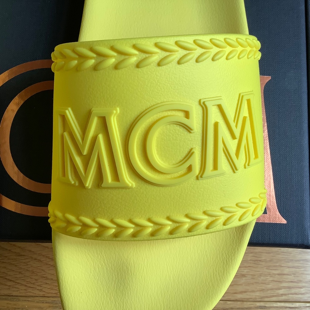MCM Logo Slide Sandals Yellow SZ12 - Picture 5 of 16